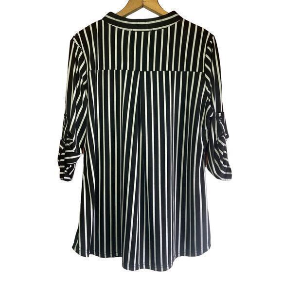 Ninedaily Blouse Black White Stripe 3/4 Sleeve Button Zipper Front Plus Size 2XL - Picture 4 of 11